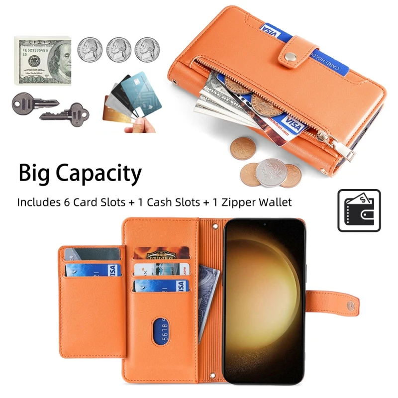 Zipper Wallet Case Multi Cards Flip Cover For Samsung Galaxy S23 S22 S21 S20 S10 S9 Note20 Ultra Removable Hand Strap Phone Case