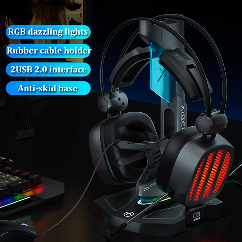 

RGB Gaming Headphone Stand Computer Headset Stand Holder Desktop Display Luminous with Anti-slip Base 2*2.0USB Mouse Cable Clamp