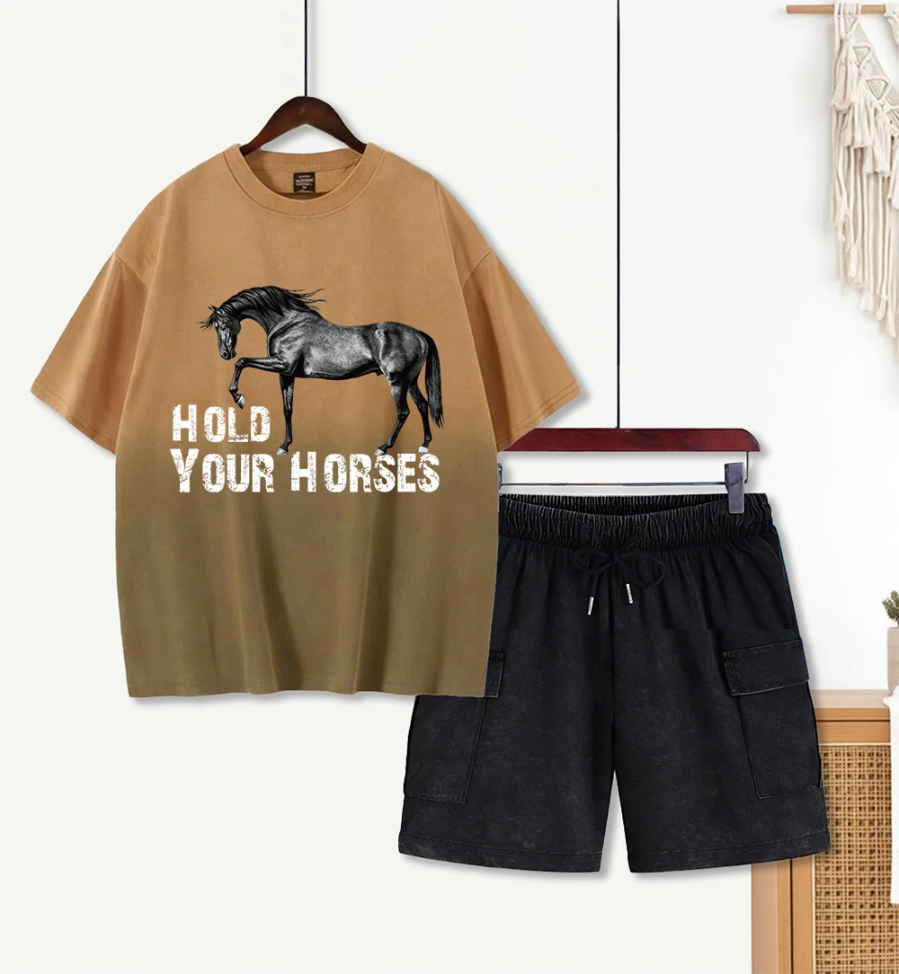 

Комплект женской одежды с принтом Hold Your Horses: футболка тай-дай и спортивные брюки в стиле хип-хоп, летний мягкий хлопковый костюм свободного кроя