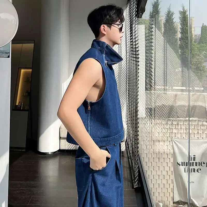 LUZHEN 2025 Spring Trendy High Street Stand Neck Sleeveless Vest Korean Loose Straight Jeans Men\'s Two-piece Sets Denim 2ca7bc