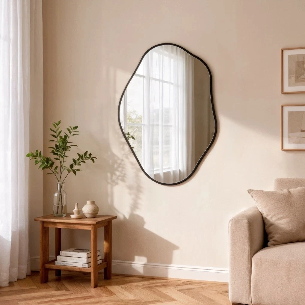 Asymmetrical Black Wall Mirror, Large Irregular Modern Wall Mounted Mirror with Aluminum Alloy Frame, Unique Freeform Decorative Art Mirror for Living Room, Bedroom, Entryway & Hallway