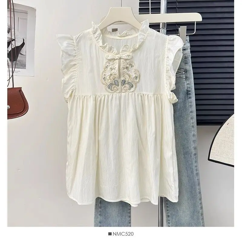 

Chinese Style Retro Summer New Blouses Women's Solid Patchwork Embroidered Ruffles Button Ruched Sleeveless Stand Collar Shirts