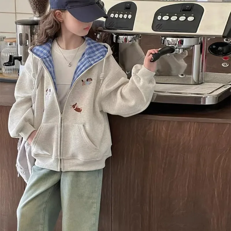 Girls' 2025 New Autumn & Spring Mid-Large Checkered Embroidered Hooded Cardigan Coat