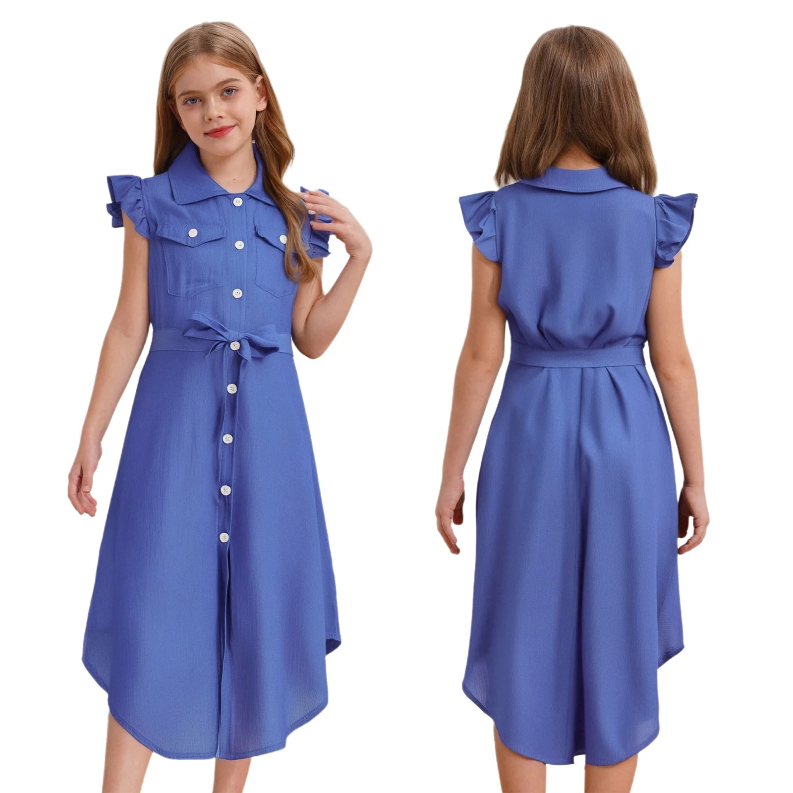 

Kids Girls Imitation Denim Shirt Dress Summer Ruffled Sleeves Turn-Down Collar Flap Pockets Curved Hem Button Dresses with Belt