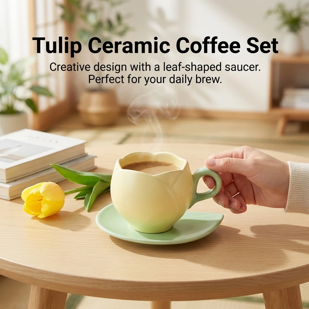 Ceramic Coffee Cup And Saucer Set Tulip Shape Japanese Style Design TeaCup set Drinkware Kitchen,Dining & Bar Coffeeware