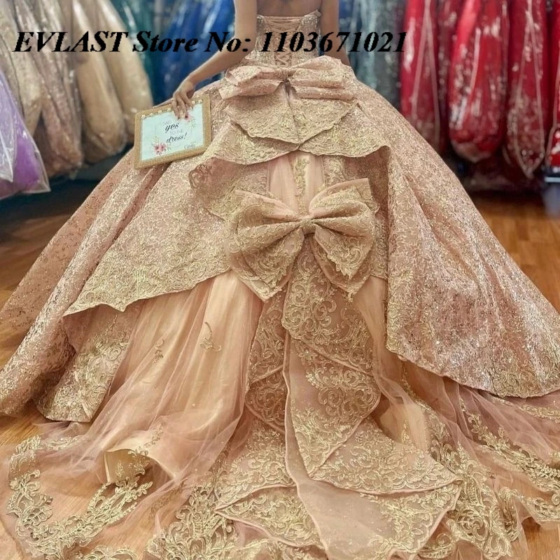 EVLAST Customized Pink Quinceanera Dress Ball Gown Sequins Lace Applique Beading Bow Corset Sweet 16 Vestidos De XV 15 Anos SQ1