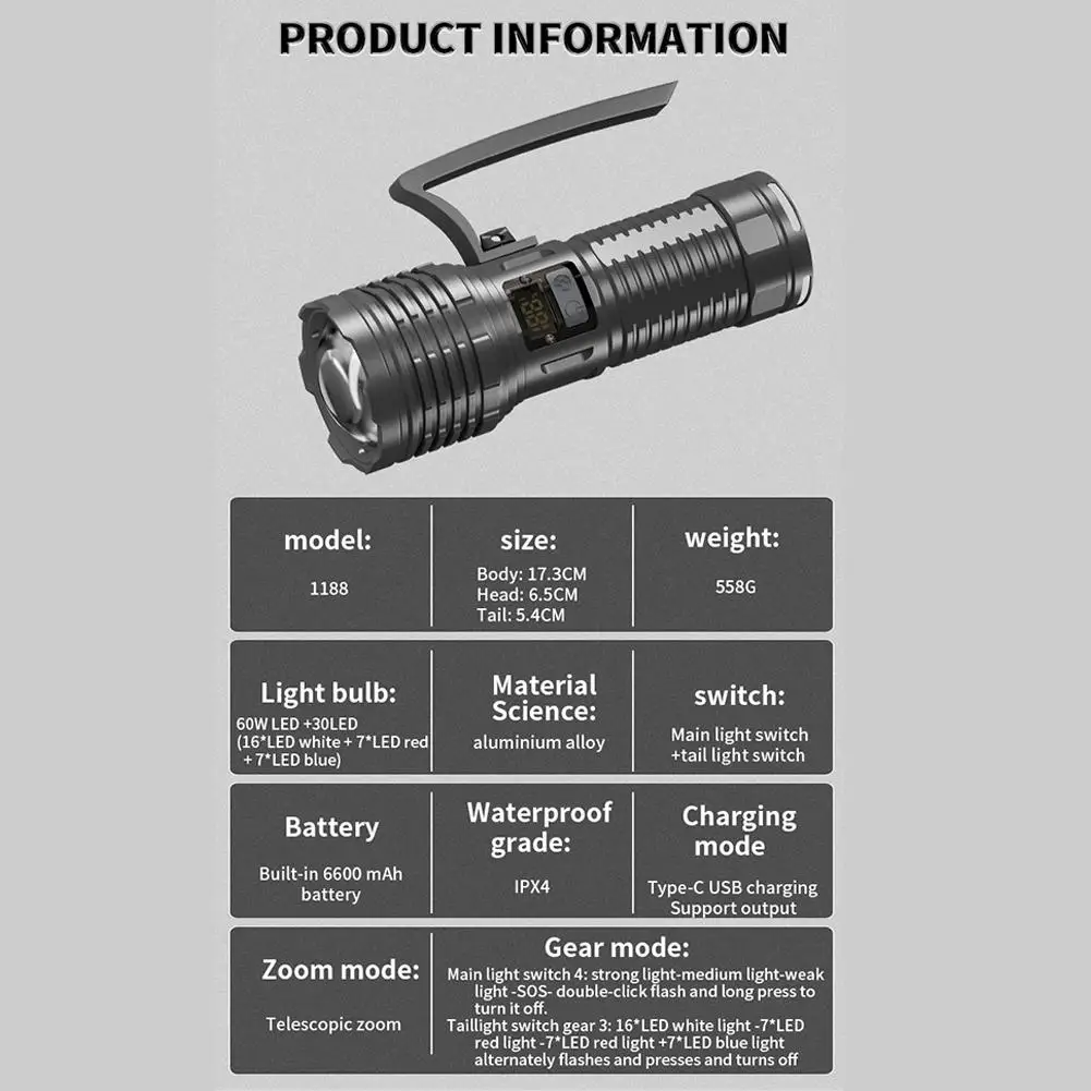 Multifuncional Lanterna Esportiva, Luz Forte 60W + 30LED, Multi Fonte de Luz, Display Digital, XHP360 + 30LED, Impermeável, Novo