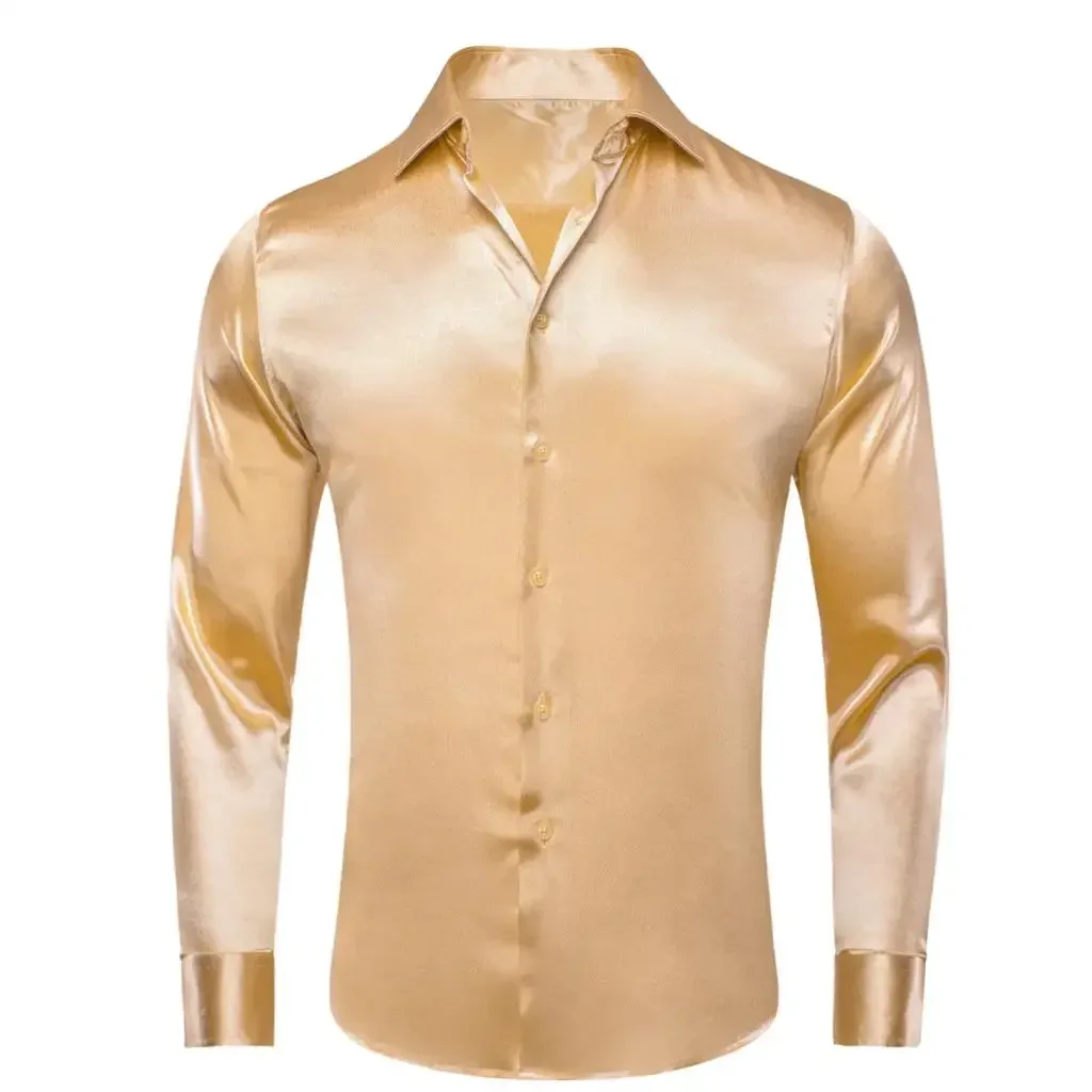 Mens Shirts Champagne Silk Satin Lapel Collar Solid Long Sleeve Social Dress Shirt Soft High Quality Blouse for Male Gift