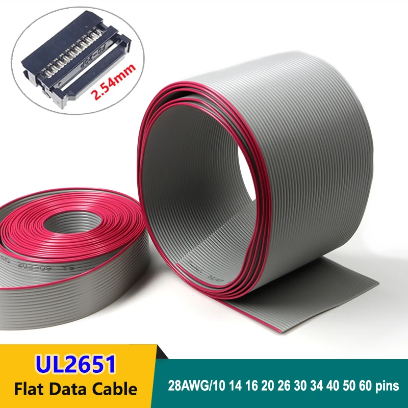 

1~10m UL2651 Gray Flat Ribbon Cable 1.27mm 28AWG 10 14 16 20 26 30 34 40 50 60pins 300V Data Wire for 2.54mm IDC Connector