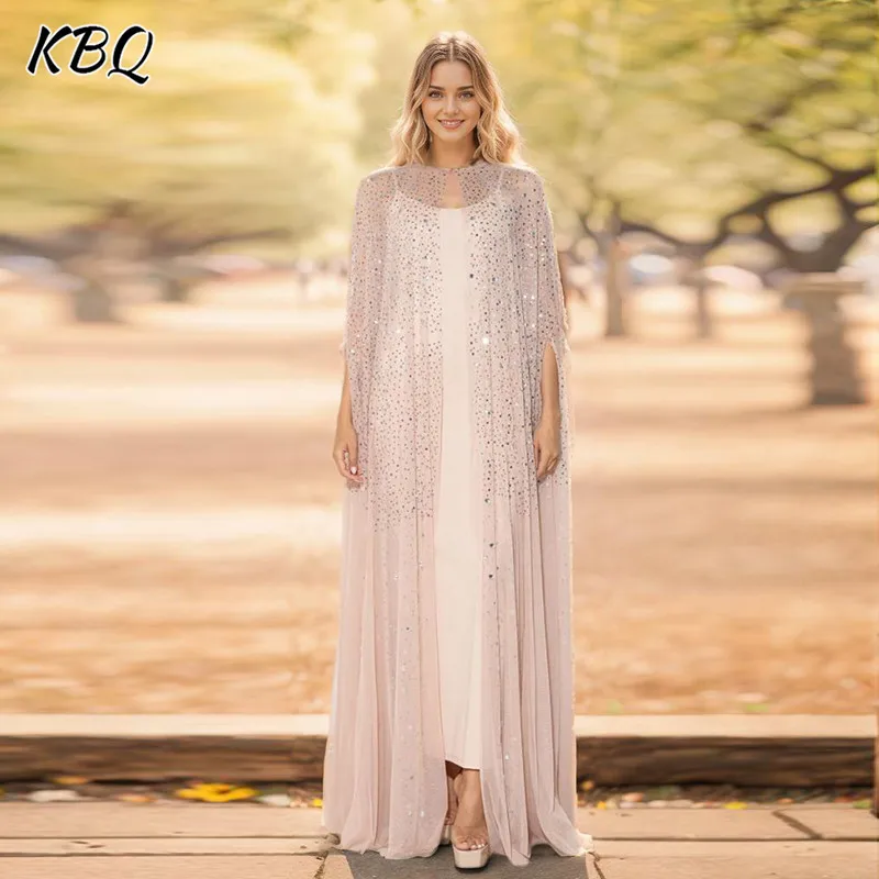 

KBQ Solid Patchwork Sequins Temperament Dresses For Women Round Neck Cloak Sleeve High Waist Spliced Button Dress Female Style