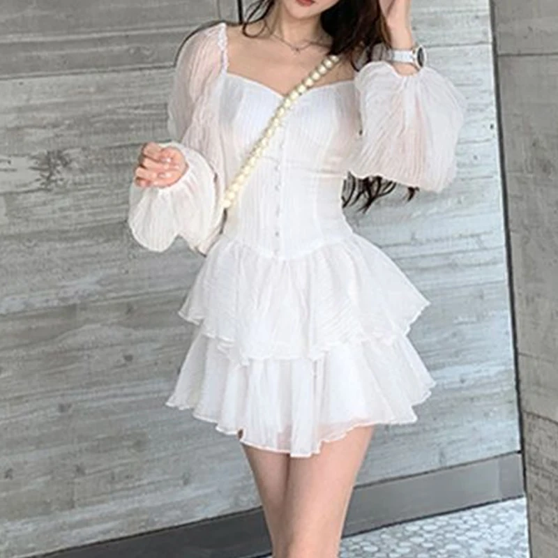 

spring Summer new Solid color princess dress women square neck fashion Long Sleeve ball gown elegant Ruffles patchwork Vestidos