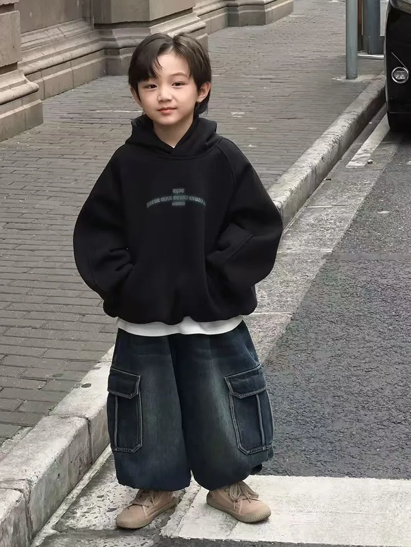 

Loose Fit Thickened Fleece-Lined Casual Hoodie for Autumn Winter 2025 New Boys' Vintage American-Style Mid-Large Slouchy
