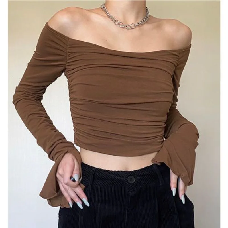 

Sexy Slash Neck Slim Short T Shirts Spring Autumn New Long Sleeve Solid All-match Bottoming Tops Fashion Trend Women Clothing