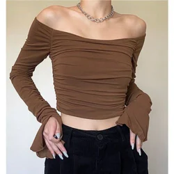 Sexy Slash Neck Slim Short T Shirts Spring Autumn New Long Sleeve Solid All-match Bottoming Tops Fashion Trend Women Clothing