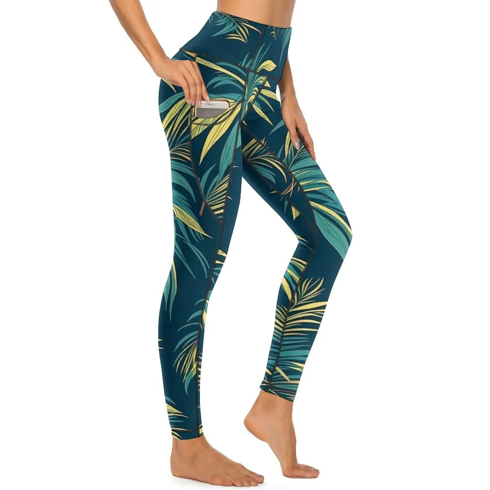 Palm Trees And Palm Leaves Leggings Sexy  Fitness Yoga Pants High Waist Quick-Dry Sports Tights Pockets Novelty Custom Leggins