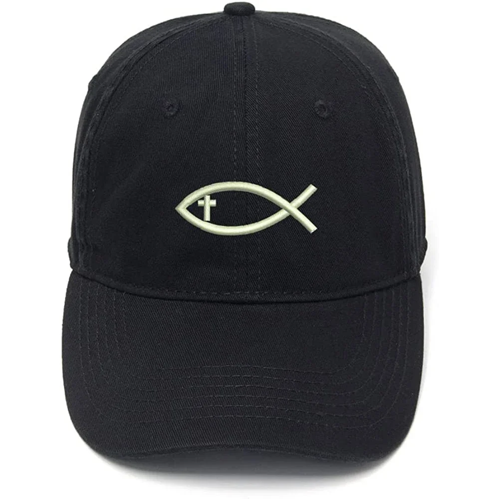 

Lyprerazy Men's Baseball Cap Jesus Christian Fish with Cross Embroidery Hat Cotton Embroidered Casual Baseball Caps