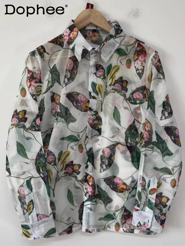 

Male 2025 Sunscreen Shirt Single Row Multiple Buttons Floral Print Organza Top Loose Comfort Long Sleeve Handsome Elegant Shirts