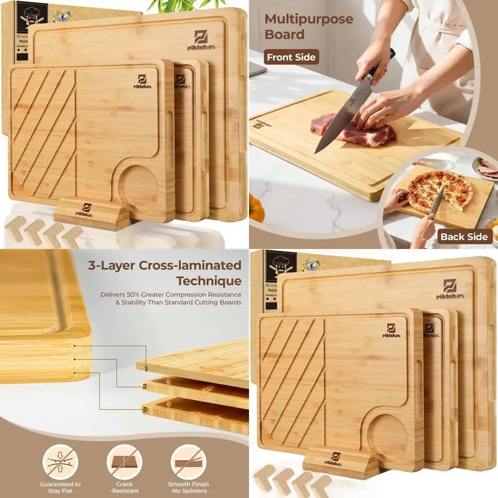 

Set of 4 Bamboo Cutting Boards with Holder, Non-Slip Charcuterie Board, Steak Serving Tray, Ideal for Kitchen, Cheese, and Meat