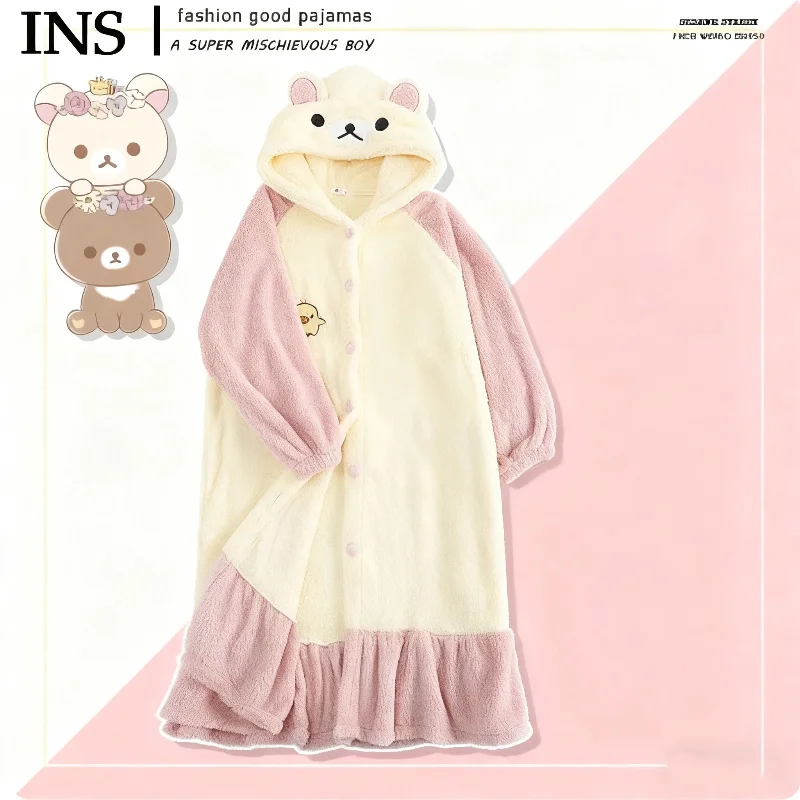 

New Rilakkuma Thickened Hooded Pajamas Set for Women Winter Sleepwear Cute Cartoon Character Plush Home Clothes Couples Matching