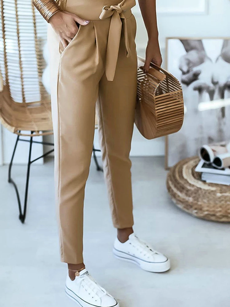 

England Style High Waist Slim Fit Pencil Pants for Women Summer Solid Color Bandage Design with Pockets Streetwear Trousers