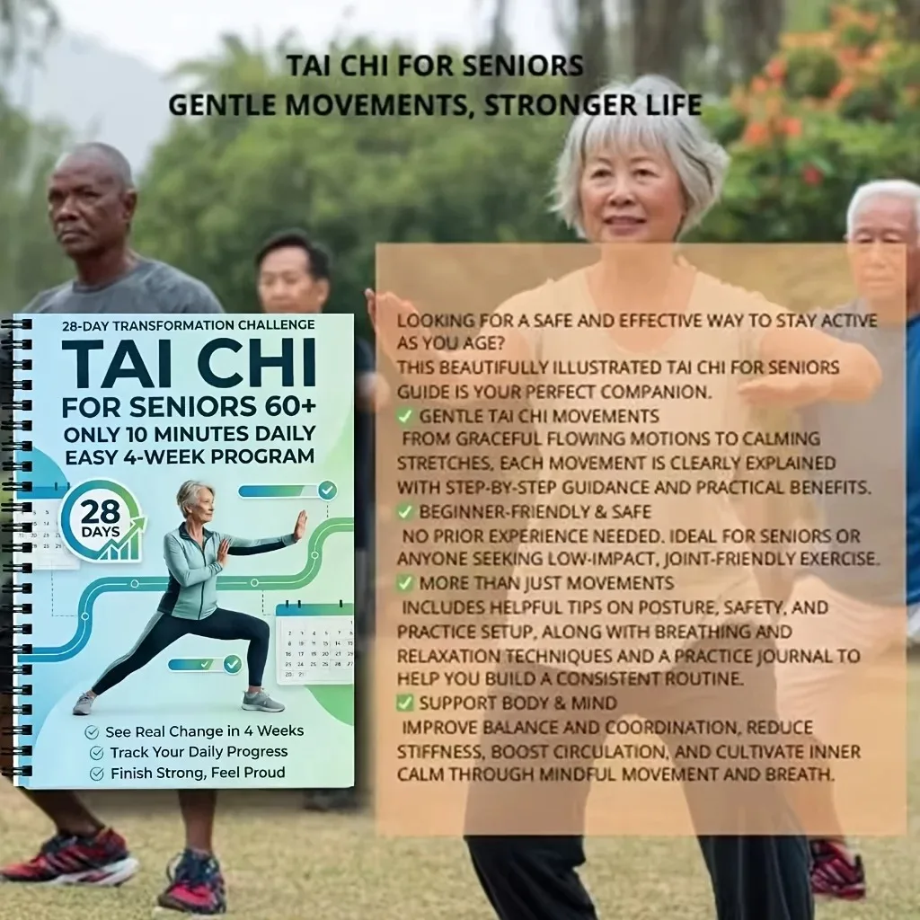 Tai Chi for Seniors 60+ 28-Day 10 Mins Daily Program Spiral Bound Beginner Friendly Guide Book for Balance Fitness Exercise