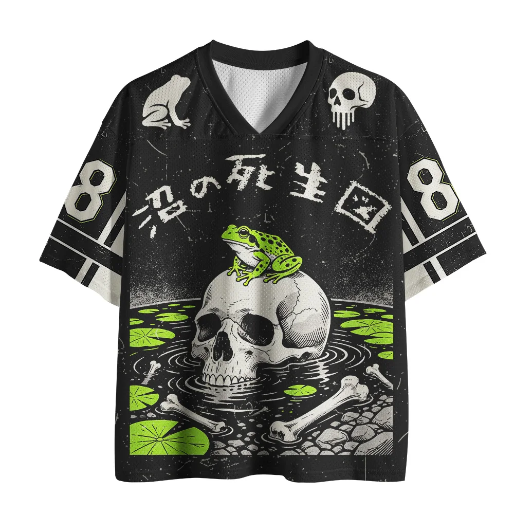 Breathable Mesh V-neck T-shirt with Dark Gothic Skull Frog Lotus Print, Japanese Kanji Street Style for Adults and Children