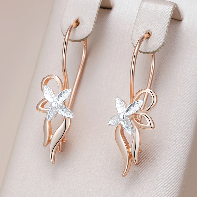 Kinel Hot Luxury Glossy Metal Flower Long Drop Earrings for Women 585 Rose Gold Silver Color Mix Daily Fine Vintage Jewelry