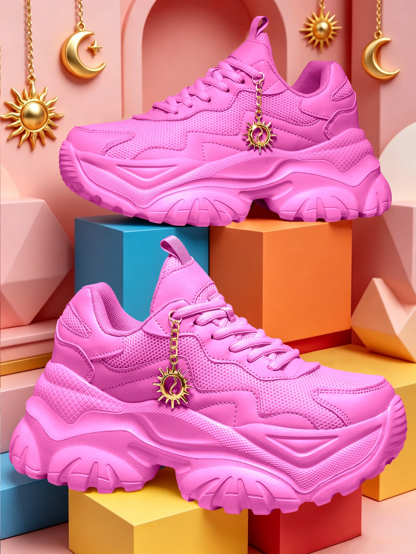 Women's 7cm Height-Increasing Fashion Casual Dad Shoes with 3D Sunflower Design, Gold Shiny Chain Decoration, Shoe Charms, Women's Sports Shoes, Outdoor All-Season Eva Thick-Soled High-Heeled Shoes, Lightweight Soft-Soled Non-Slip Running Shoes, Summer Breathable Quick-Dry Fabric Mesh Round-Toe Easy-To-Tie Pink Large-Size Shoes, Sweet Cool Style for Everyday Home Wear, Dating, Fitness, Work, Multi-Scenario Office Shoes, Women's Versatile Trendy Shoes