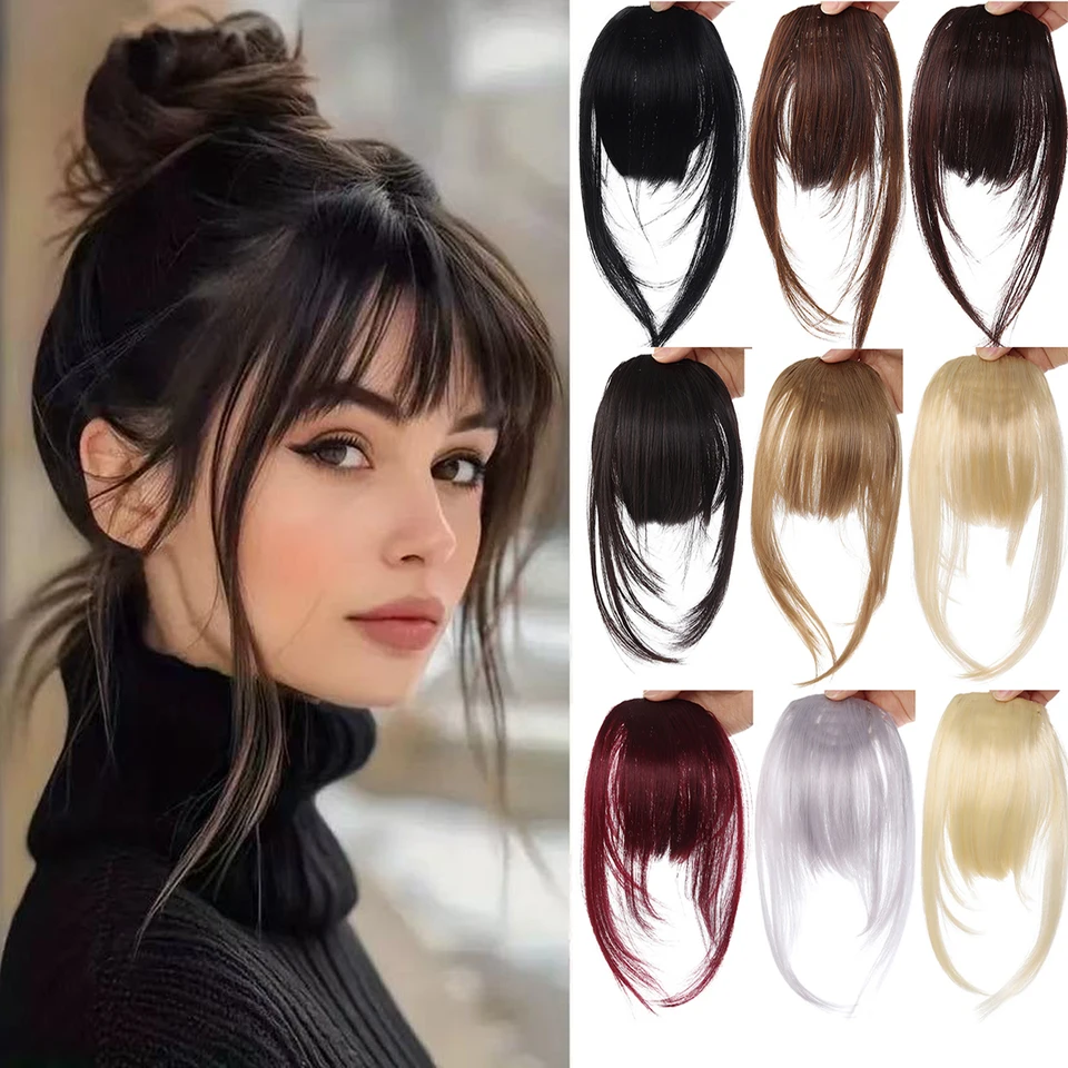 Flequillo postizo de cabello sintético con patillas, 12 pulgadas, castaño oscuro, aspecto natural para mujer, uso diario, fiestas y cosplay