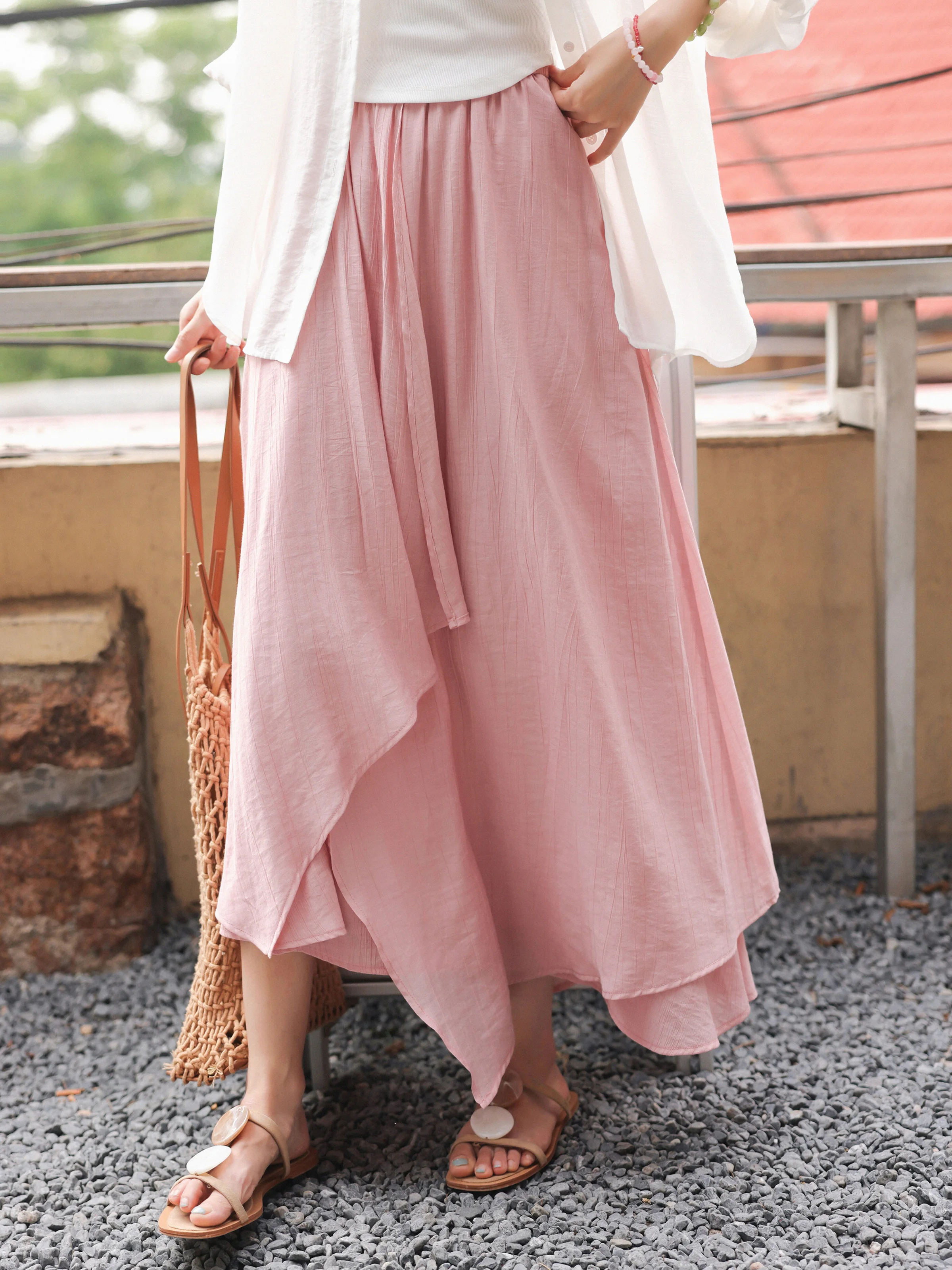 Irregular Patchwork Midi Skirt for Women Summer Loose Flowing High Waist Elastic Waist Skirt Casual Lightweight A-Line Skirt