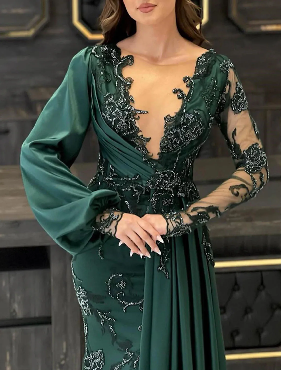 Mermaid Luxurious Elegant Evening Gown Formal Dress Wedding Guest Stretch Chiffon Lace V Neck Appliques 2025 free customized