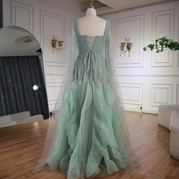 Customized Exquisite Tulle Criss-Cross Pleat Bow Sequined A-line Square Neck Long Dresses Bespoke Occasion Dresses Retro Formal