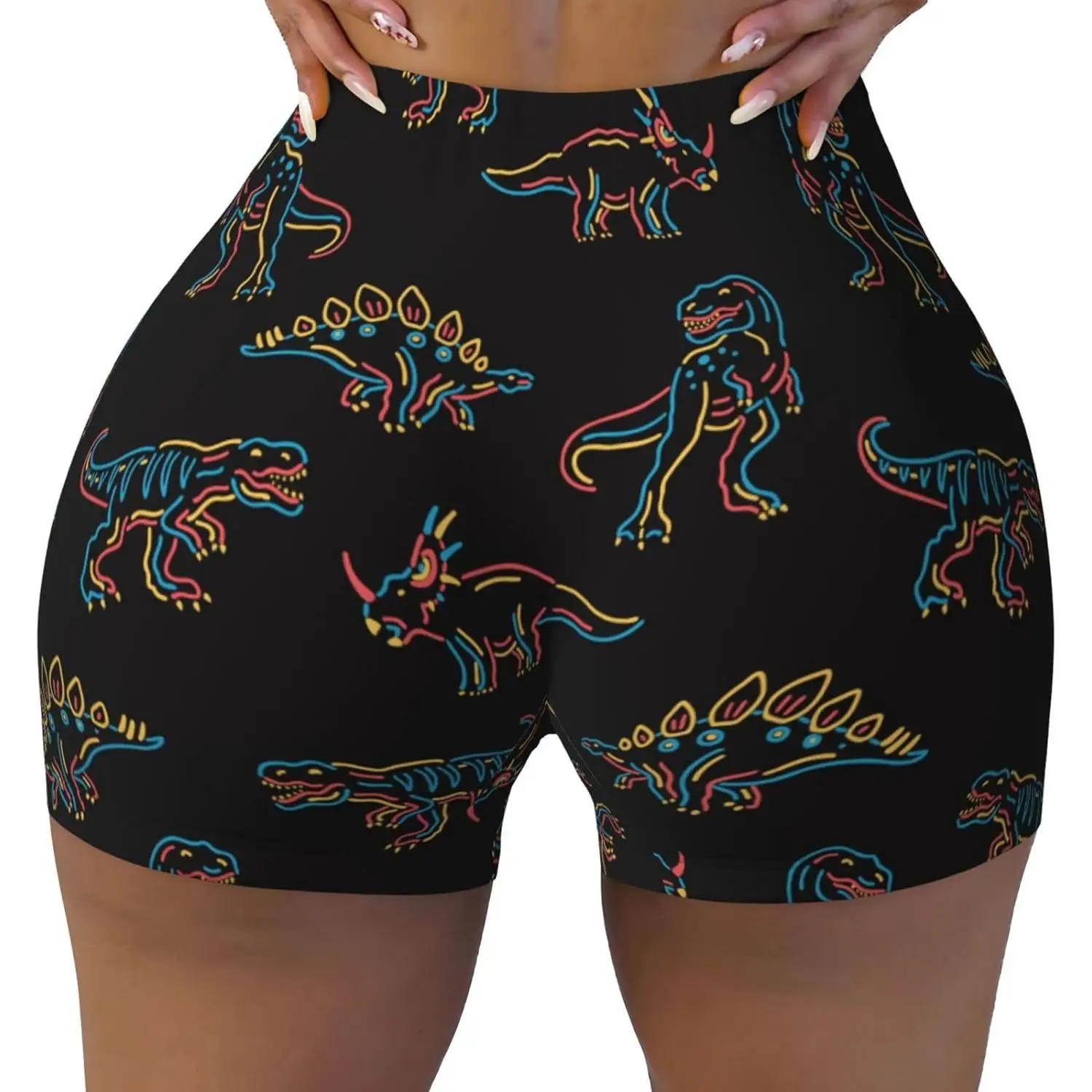 Pantaloncini da allenamento senza cuciture da donna Neon Dinosaur Biker Running Gym Yoga Pantaloncini in spandex per donna Compressione che assorbe l'umidità