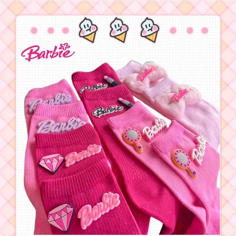 Kawaii Barbie Socks MINISO Anime Lovely Girl Dopamine Diamonds Mid Length Socks Student Comfortable Ventilation Sports Socks