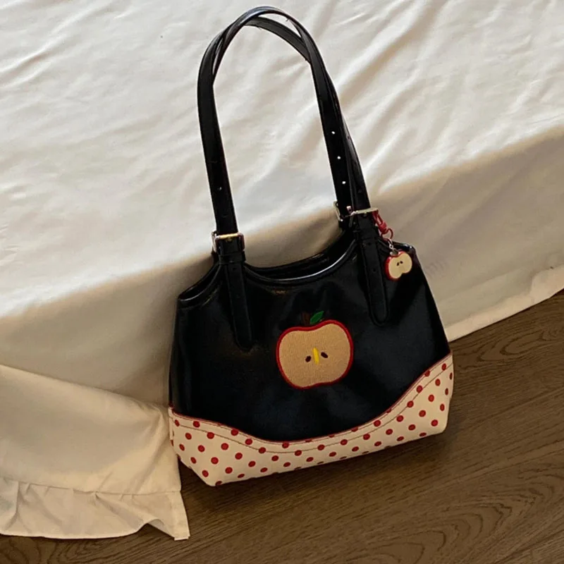 

Korean Style Cute Cartoon Apple Polka Dot Women's Handbag Texture PU Shoulder Bag 2025 New Fashionable Commuting Tote Bag