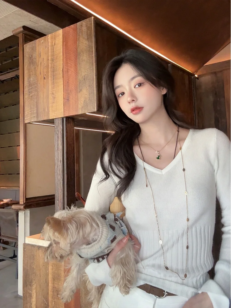 

Ele Slim Fit Knitted Sve Base irt V Ne Waist Cinching Bell Bot Wool Blend Polyester Nylon Casual Wear