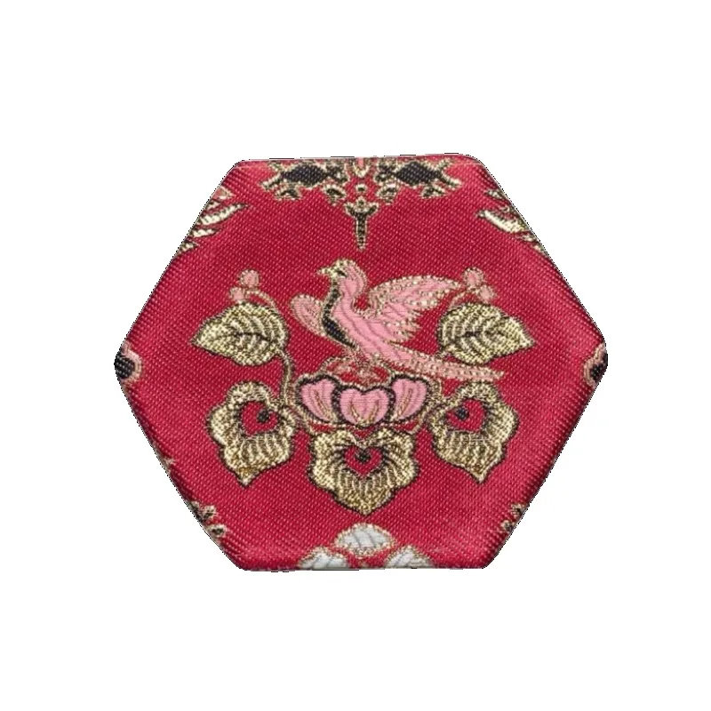 Colorful bird pattern brocade hexagonal coaster Chinese retro court style handmade double-layer tea mat tea ceremony