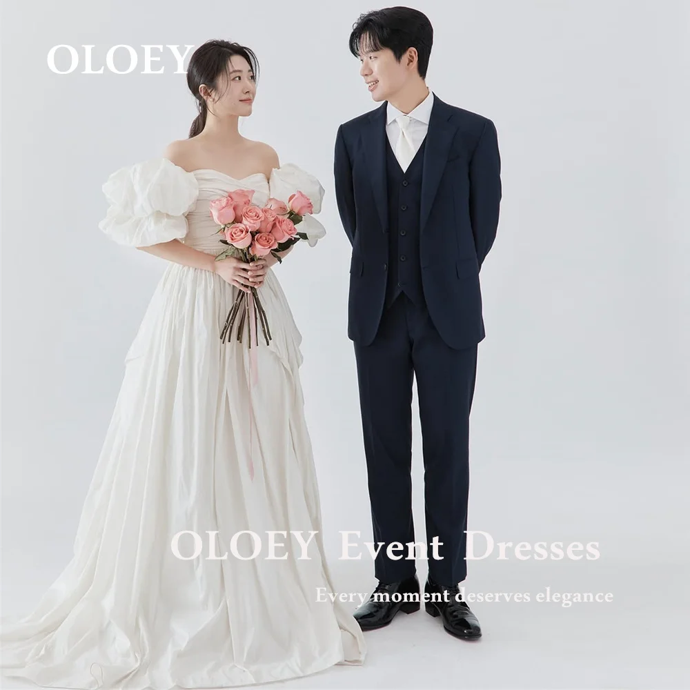 

OLOEY Elegant Pleats A Line Wedding Dresses with Gloves Korea Photo Shoot Floor Length Bridal Gowns Corset Back Customized