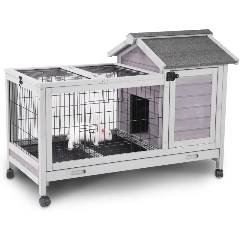 

Aivituvin Wooden Rabbit Hutch with Removable Wire Floor Grid, Bunny Cage with Deeper Leakproof Tray 4 Wheels Include