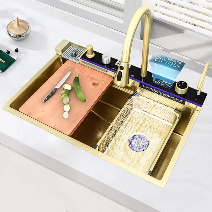 

Светодиодная цифровая раковина-водопад с одной чашей, установка сливного счетчика из нержавеющей стали 304, нано-поверхность, дизайн с одним отверстием