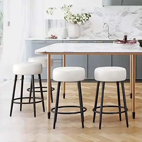 

Barstools, Counter Height Barstools, 24 Inches, Saddle Stool with Round Faux Leather Cushion, Soft Seat with Metal Legs, for Kit