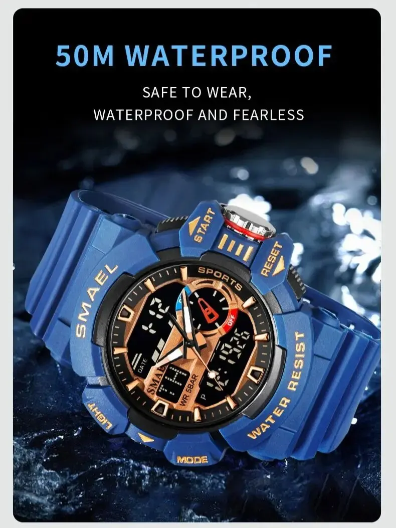 Watch For Men 50M Waterproof Clocks Luminous Hands Digital Wristwatches Black Gold Rubber Bracelet 8043 Sport Watches