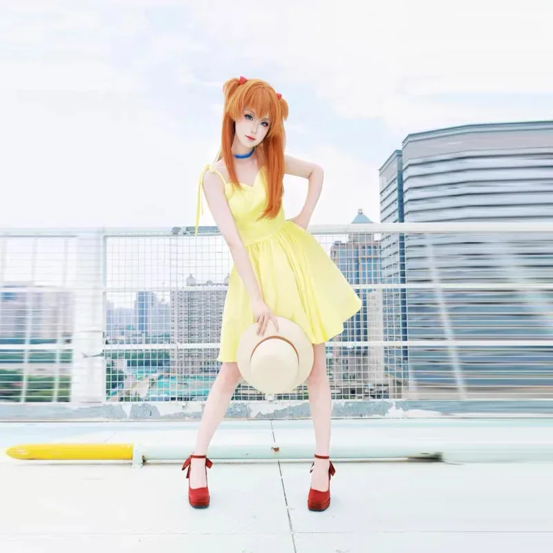 

Anime Asuka Langley Soryu Cosplay Costume wig Women Yellow Slip Dress Summer Fashion Clothes Halloween Party Outfits