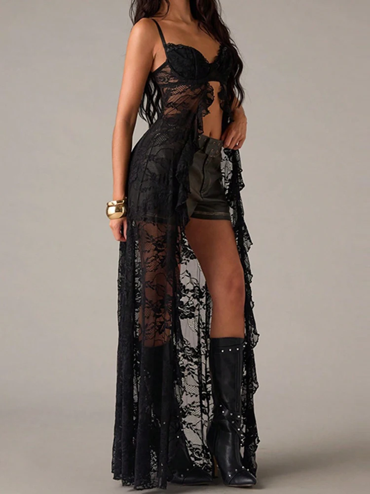 

Casual Club Party Sleeveless Hem Blouses Fashion Black Lace Camisole Irregular Top Sexy Hollowed Out Off Shoulder Women's Shirt