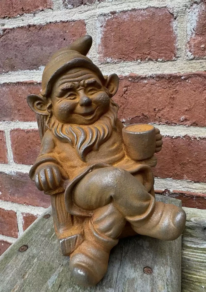 Cast Iron Christmas Gnome Sculpture Rustic Brown 7 Inch For Home Indoor Outdoor Table Decor Farmhouse Heavy Duty Gnome Statues