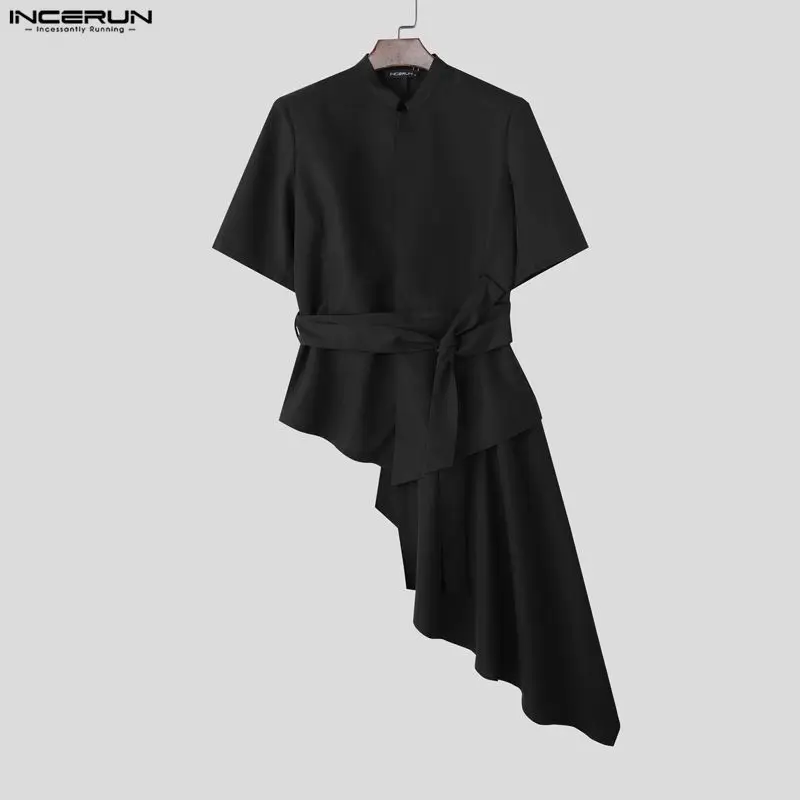 

2026 Men Irregular Blazer Solid Color Stand Collar Short Sleeve Male Suit With Belt Streetwear Fashion Casual Thin Coats INCERUN