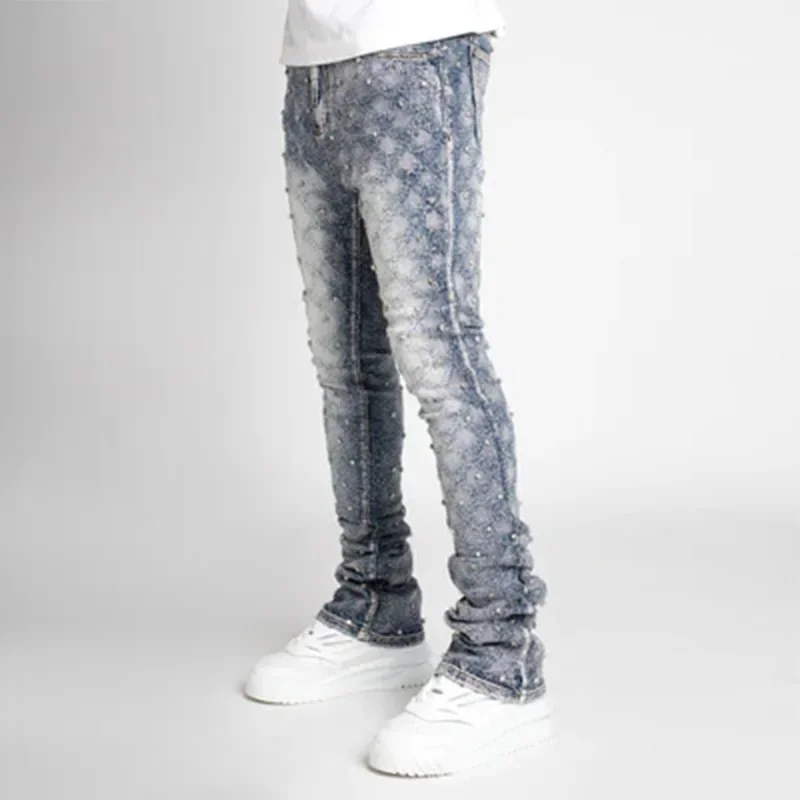 2026 New Men Fashion Stretchy Pearls Skinny Jeans Fashion Rhinestone European Street Personality Stacked Denim Pants
