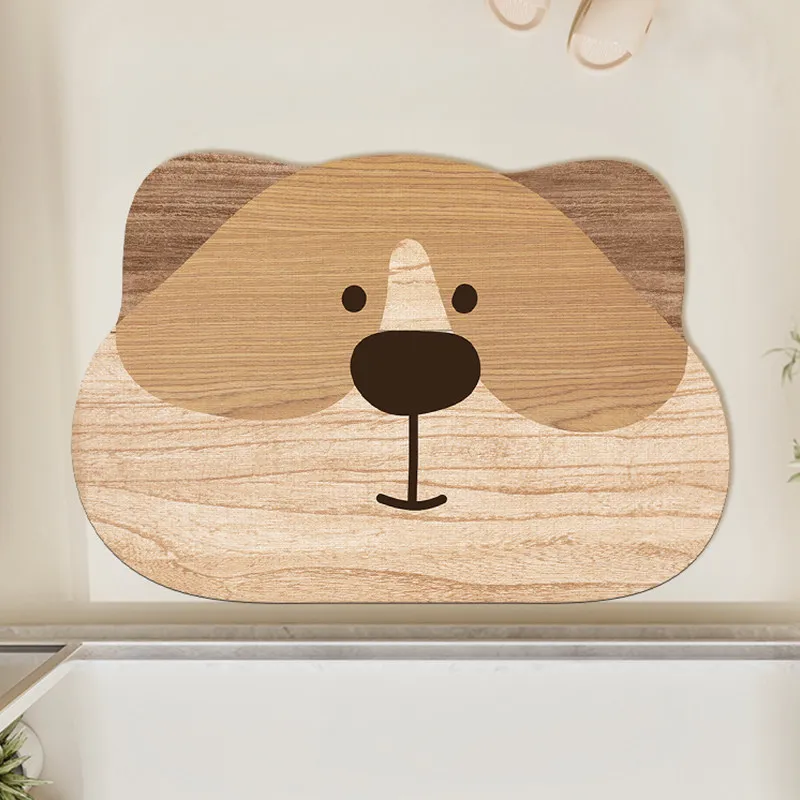 VIKAMA Wood Grain Bear Head Shaped Bath Mat Non Slip Washable Absorbent Floor Rug Cute Cartoon Animal Bathroom Home Decor Mat