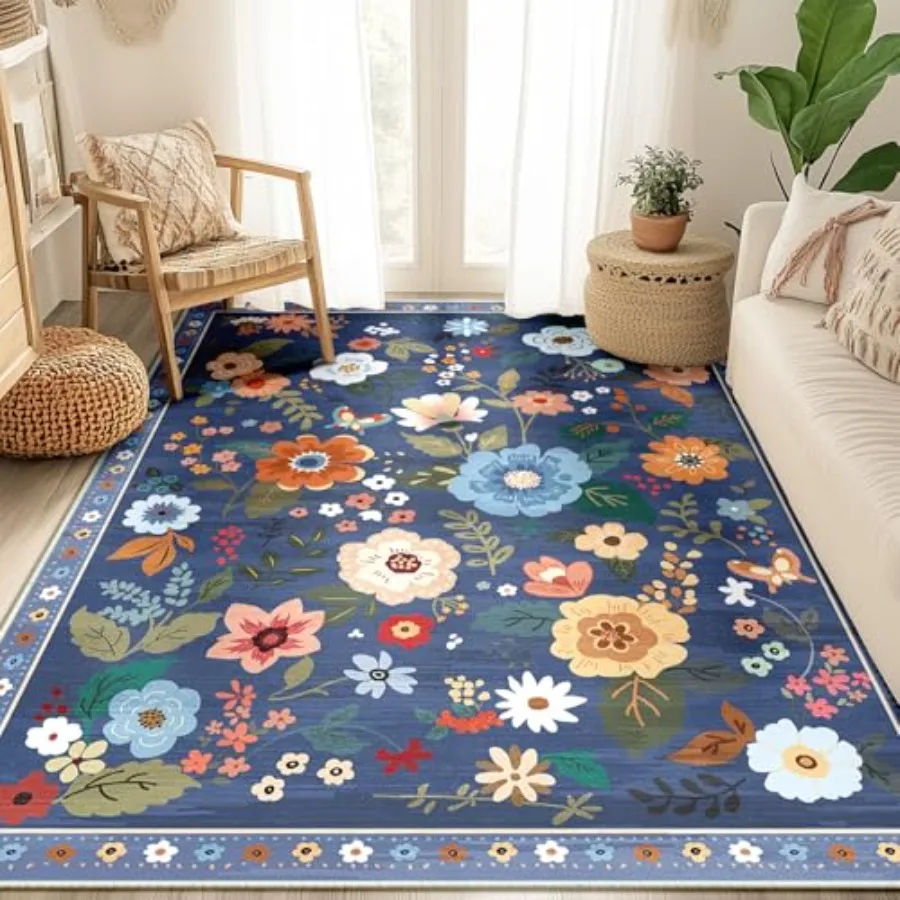 

Floral 5x7 Area Rug Machine Washable Soft Print Boho Carpet Non Slip Doormat Low Pile Flower Area Rugs for Living Room Bedroom