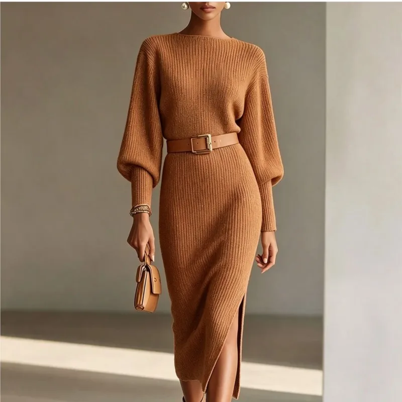Geripptes Strick-Midikleid für Damen, Winter, mit tiefem Ausschnitt, langen Ärmeln, seitlichem Schlitz, figurbetont, Pulloverkleid mit Gürtel, elegantes Herbst-Bürokleid